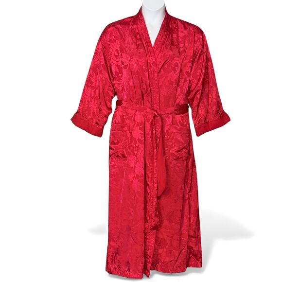 Vintage Victoria’s Secret Red Satin Terry Lined Robe M/L Floral Jacquard Belted - Picture 2 of 10